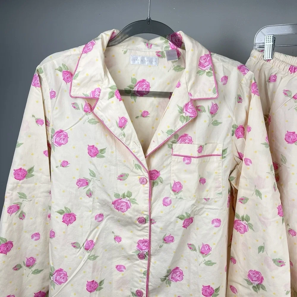 Vintage Lord & Taylor Pajama Set Womens M Yellow Pink Rose Floral 2 Pc Cottage‎